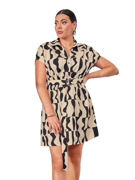 

x zuza plus allover print batwing sleeve belted shirt dress j6fi#, Black