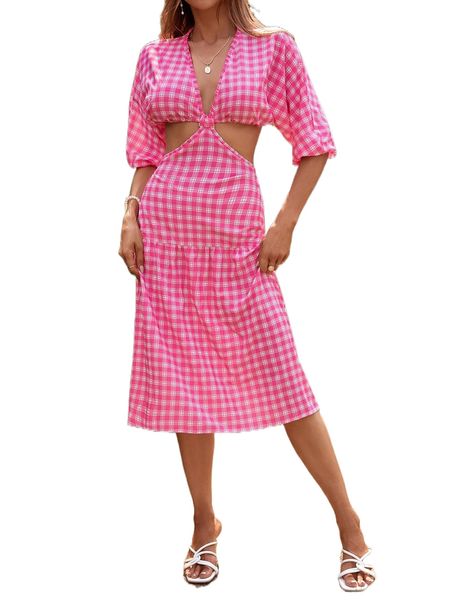 

plaid print cut out waist plunging neck dress l0jk#, Black;gray