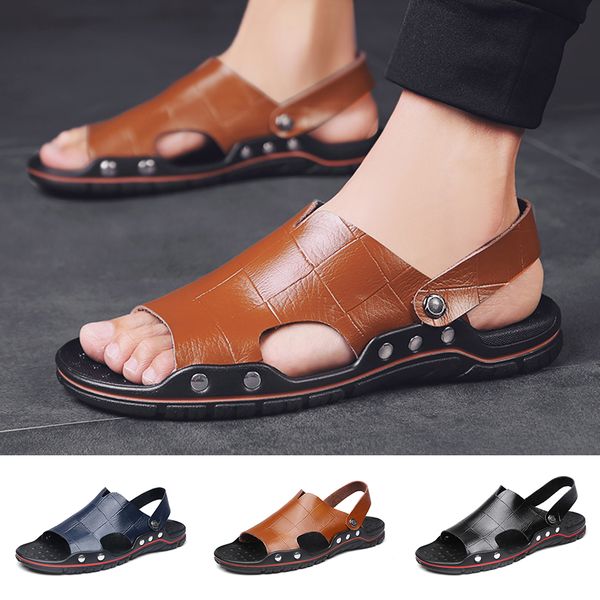 

full genuine leather brand designer mens fashion summer casual beach for men sports shoes sandals male slippers plus size 38-48, Black