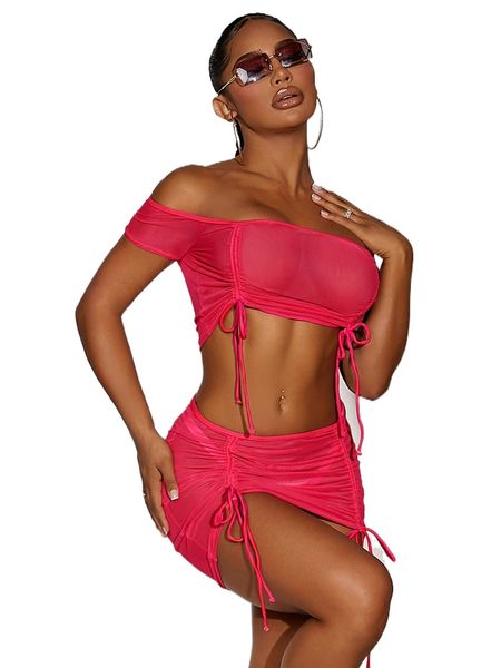 

off shoulder drawstring cover up & skirt i4os#, White;black