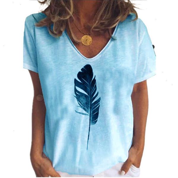 

summer size women feather print t shirt street casual loose cotton shirts ladies short sleeve v-neck tee, White
