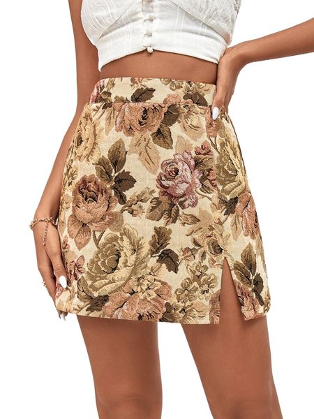 

floral print split hem skirt 34ro#, Black