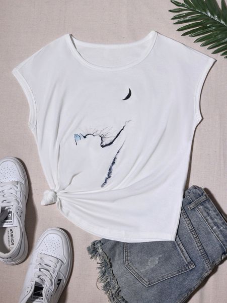 

cat & moon print batwing sleeve tee d5b4#, White