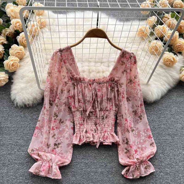 

women's t-shirt 2022 spring design sense of niche square collar bubble sleeve thin pleated chiffon floral shirt women's fashion 7l, White