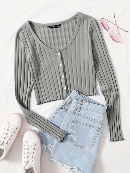 

buttoned front lettuce trim rib-knit s6xj#, White