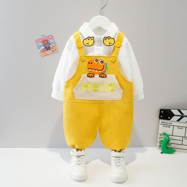 

clothing sets spring children's suit girls cartoon lapel shirt + suspenders boys bear print casual 2022 two-piece baby clothes, White