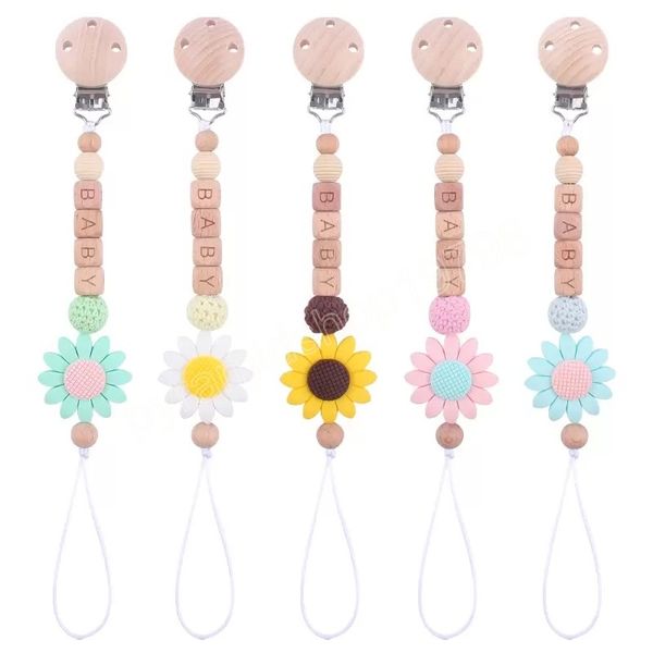 

newborn baby silica gel bead pacifier holders creative wooden teethers safe infant toddler toys beech teether sunflower chain clips