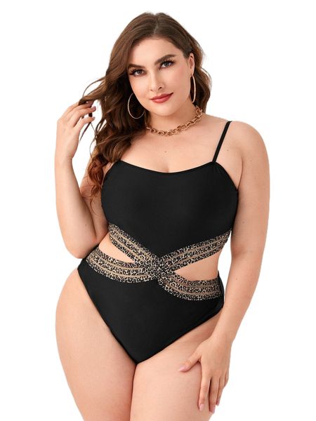 

plus leopard print mesh insert cut out one piece swimsuit q1ap#, White;black