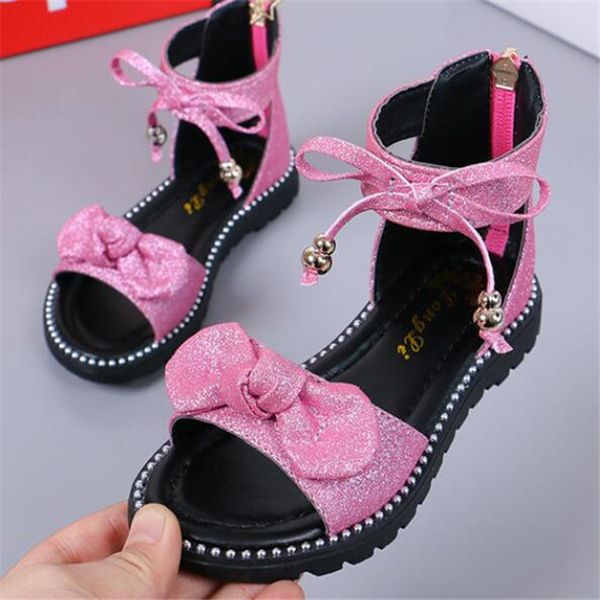 

childrens girl sandals summer new style bow gladiator shoes soft bottom back zip kids princess sandals size 27-35, Black;red