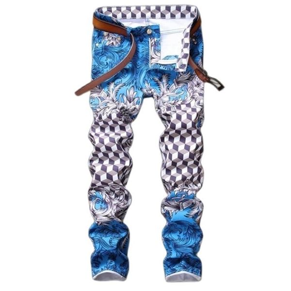 

slim jeans pants for men cotton skinny printed jeans men nightclubs singers european and american style fashion #586 210318, Blue