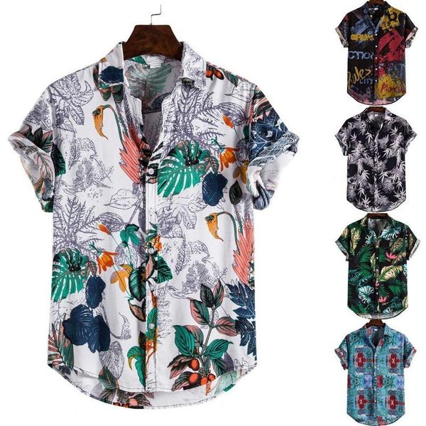 

linen short sleeve shirt men summer floral loose baggy casual hawaii holiday beach tee buttons blouse national style 220606, White;black