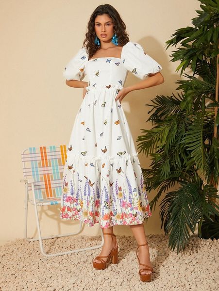 

butterfly print puff sleeve ruffle hem dress 6790#, Black;gray