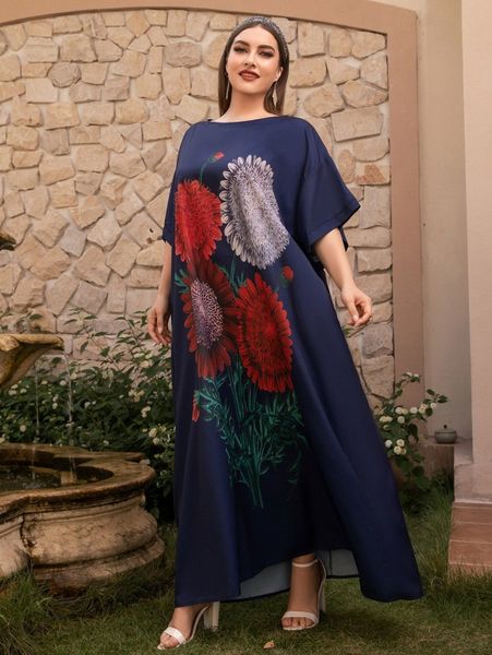 

plus floral print batwing sleeve tunic dress q94e#, Black