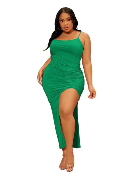 

sxy plus ruched split thigh cami dress l1af#, Black