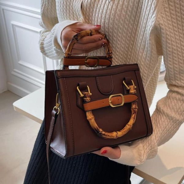 

evening bags winter pu leather handbag women's designer panelled shoulder messenger bag vintage square totes with bamboo handle 2
