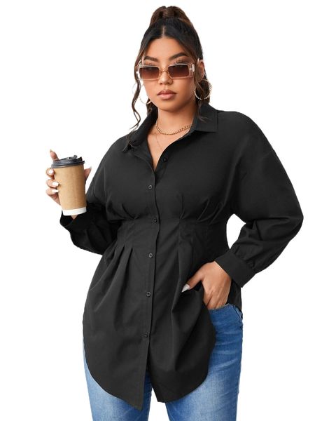 

plus fold pleated drop shoulder curved hem blouse w74x#, Black