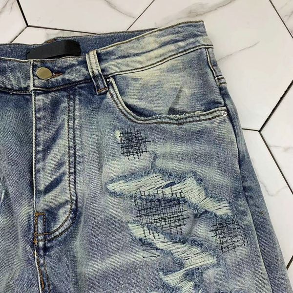 

hm545-1 mens jeans distressed motorcycle biker jean rock skinny slim ripped hole stripe fashionable snake embroidery denim pants, Blue