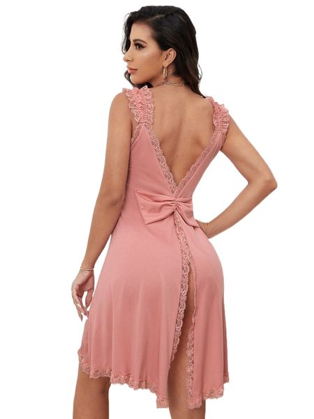

contrast lace split back night dress s31d#, Black;red