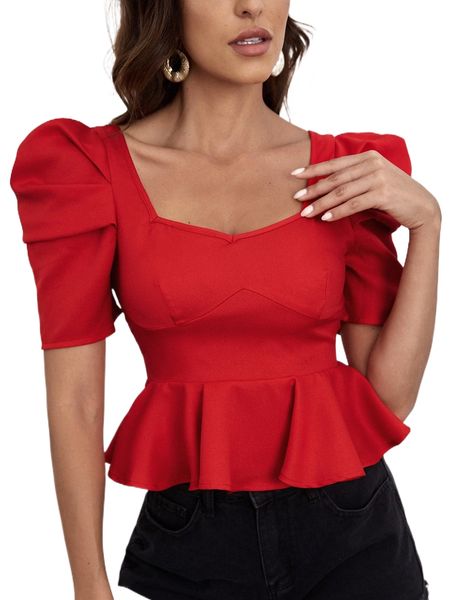 

zipper back puff sleeve peplum t9oq#, White