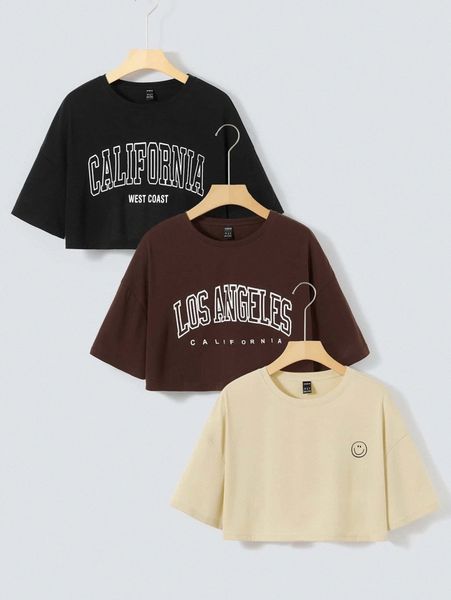 

3pcs letter graphic drop shoulder tee o2nm#, White