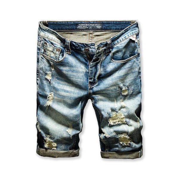 

men's shorts men designer denim knee length streetwear retro ripped hole slim stretch hip hop male jeans, White;black