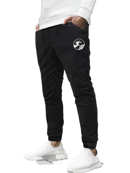 

men wave print drawstring waist sweatpants a11i#, Black