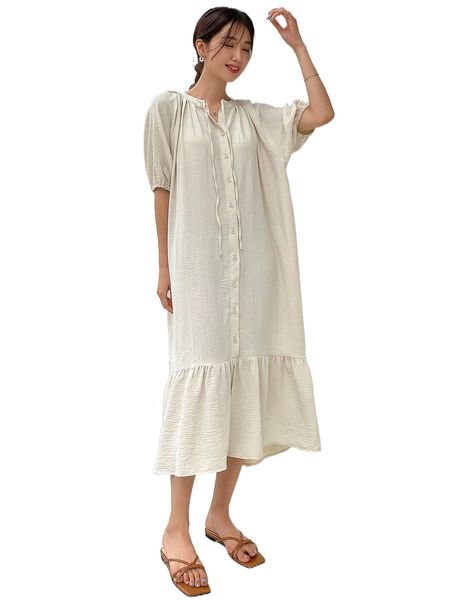 

dazy button front ruffle hem shirt babydoll dress q7cm#, Black;gray