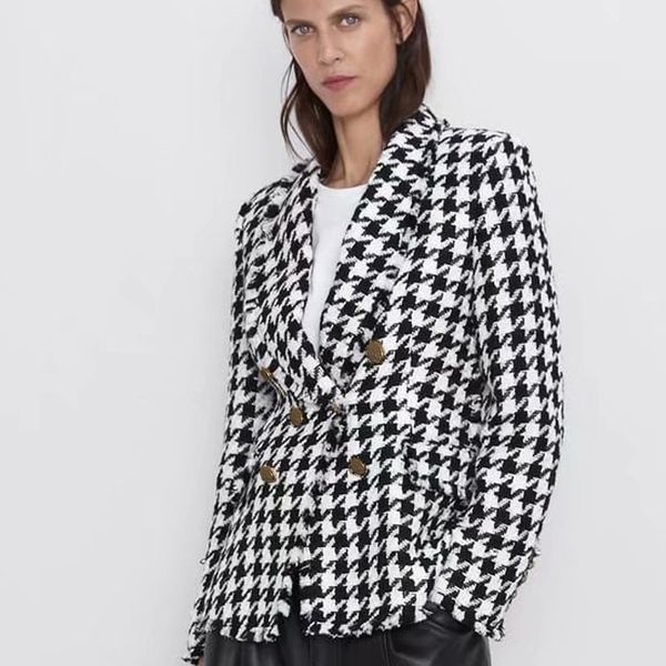 

fandy lokar houndstooth casual blazers women fashion double breasted jackets women elegant long sleeve suits female ladies ht y200109, White;black