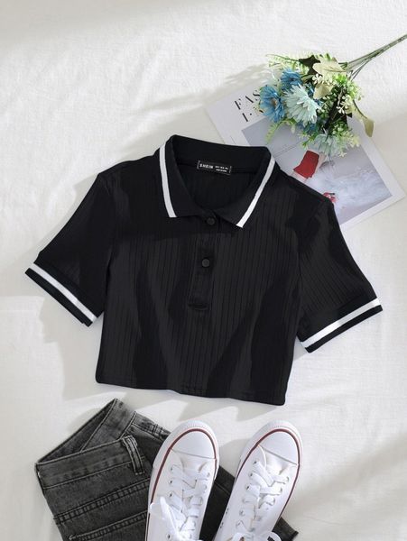 

polo collar rib-knit tee i9pk#, White