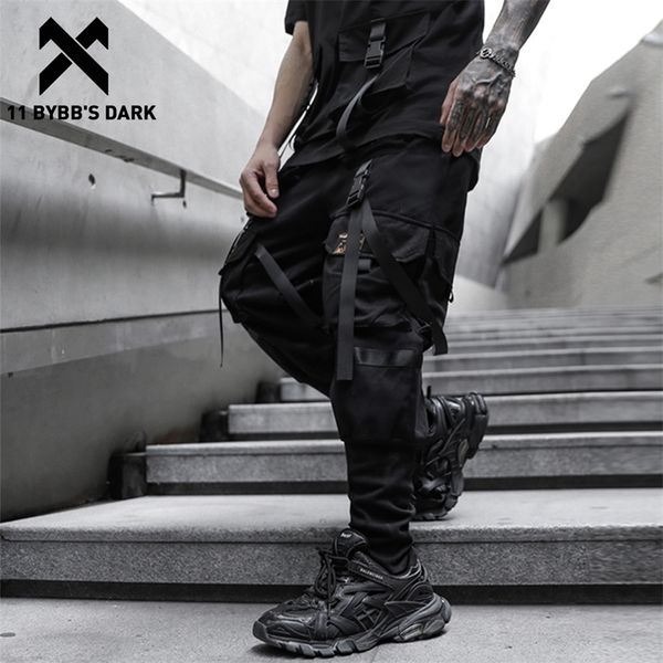 

11 bybb's dark tactical patchwork pockets ribbons cargo pant man harajuku joggers men trousers streetwear hip hop function pants 220325, Black