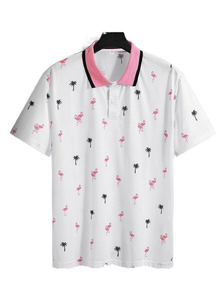 

men flamingo & coconut tree print contrast trim polo shirt a0j3#, White;black