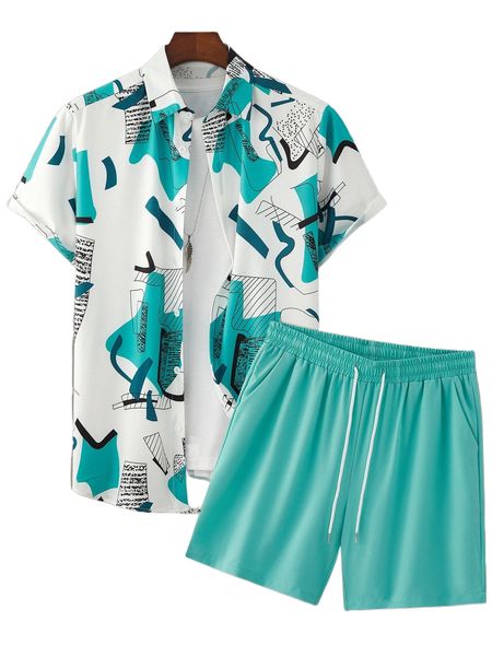 

men random geo print shirt & drawstring waist shorts without tee s5ib#, Gray