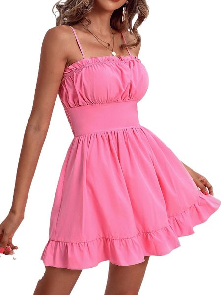 

frill trim ruched bust ruffle hem cami dress v30p#, Black;gray