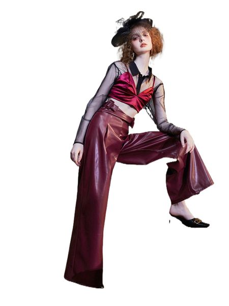 

x raya plicated belted pu leather wide leg pants t2ff#, Black;white