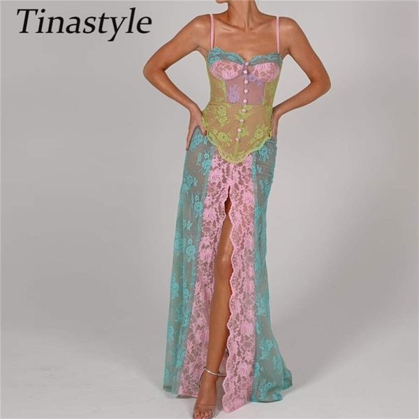 

tinastyle elegant lace embroidery maxi dress women spaghetti strap high split bodycon long party dress y2k clubwear dresses 220627, Black;gray