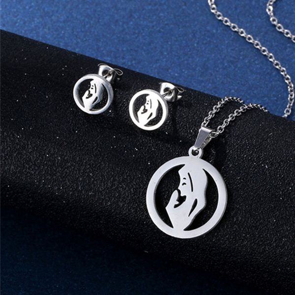 

stainless steel round religious pendant necklace jewelry christian catholic accessories chain virgin mary prayer earrings set, Silver