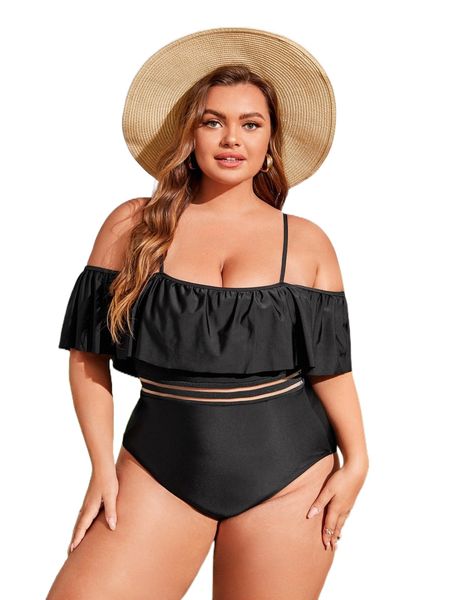 

plus contrast mesh ruffle trim one piece swimsuit d4lg#, White;black