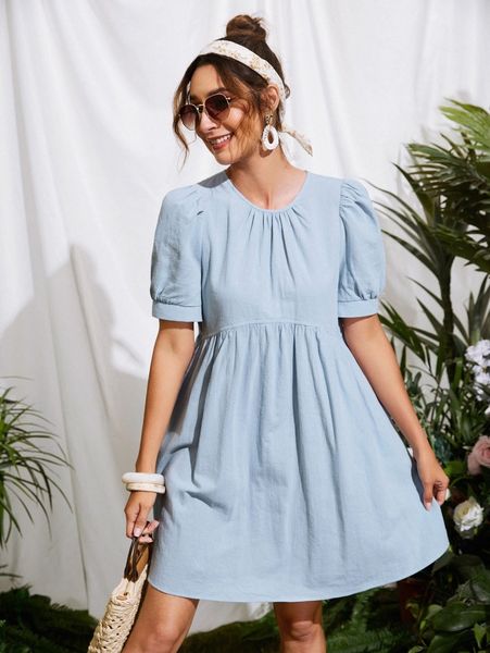 

puff sleeve smock dress l2ip#, Black;gray