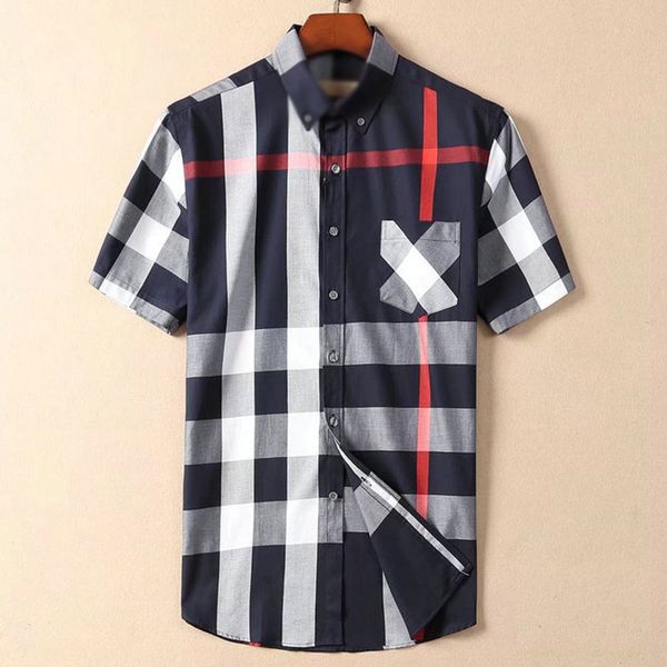 

designer mens casual shirt burbereys mens camisas de hombre fashion geometric check print short sleeved lapel business versatile, White;black