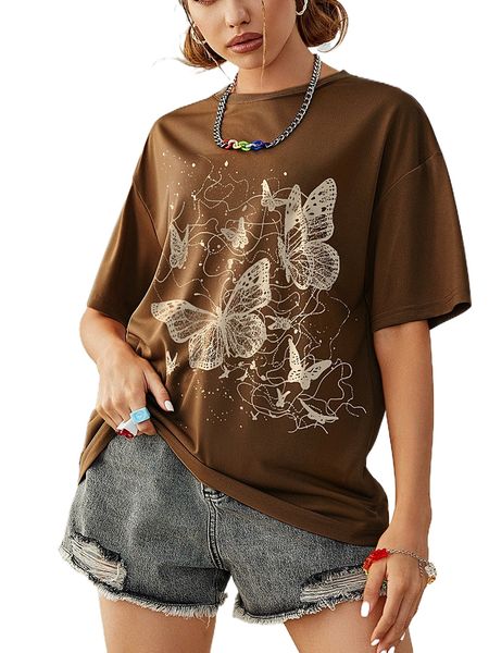 

butterfly print drop shoulder tee 65yb#, White