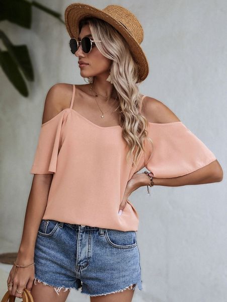 

solid cold shoulder blouse j1ql#, White
