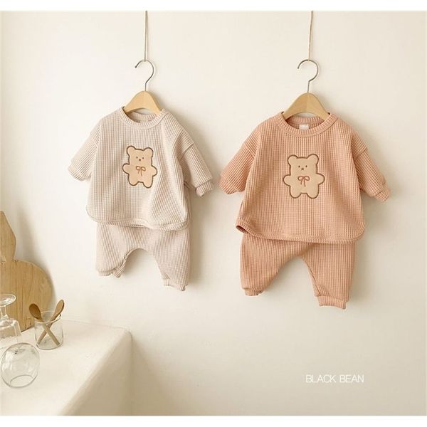 

children casual clothes set boys girls bear sweatshirt + pants 2pcs suit solid color cotton kids baby outfits 220425, White