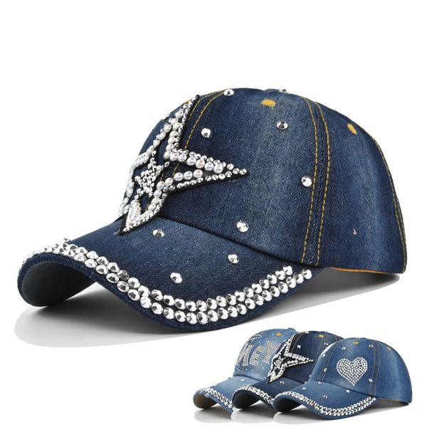 

diamond setting baseball caps new style pure men and women sun hat rhinestone hats denim and cotton hip-hop hat, Blue;gray