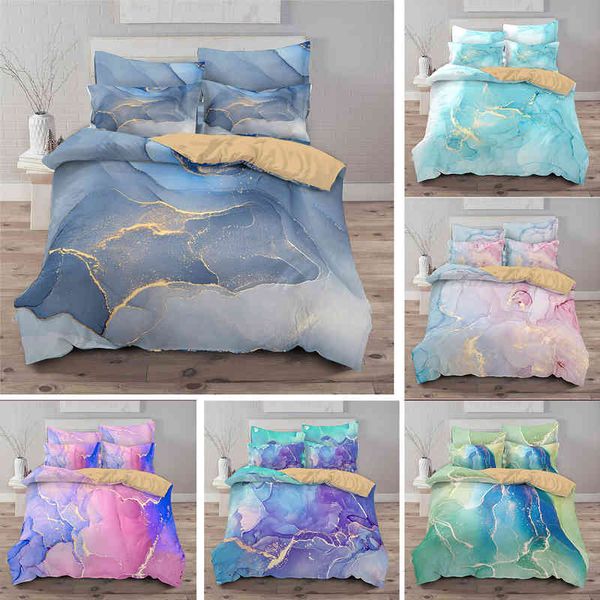 Conjunto de capa de edredão King/size queen size Blue Bedding Geométrico 3 peças Modern Mármore Prindic com zíper 2 travesseiro