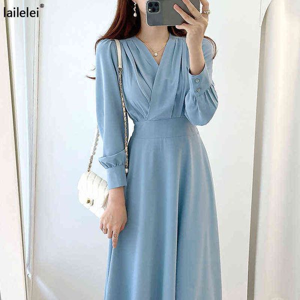 

v-neck puff sleeve a-line dress solid color chic midi blue black robe elegant korean office dresses summer maxi spring retro t220804, Black;gray