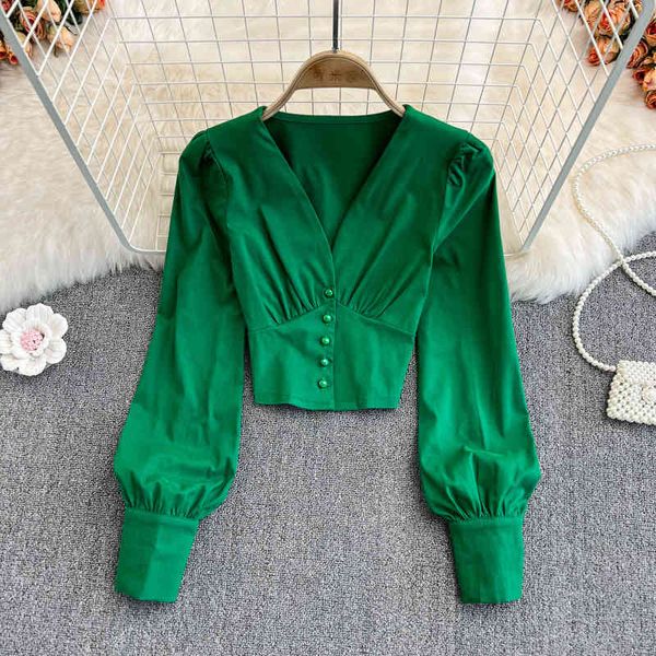 

women's blouses shirts spring and autumn korea dongdamen slim short v-neck versatile long sleeve shirt foreign chic bubble ocfr, White