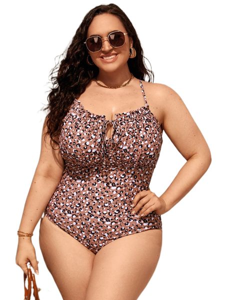 

plus leopard frill trim tie front cross back one piece swimsuit r6uu#, White;black