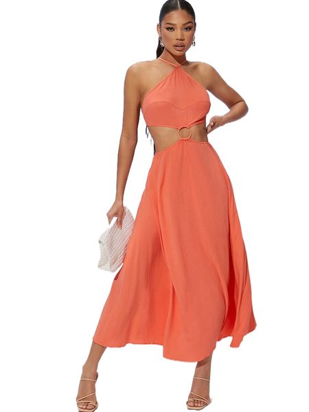 

halter neck ring criss cross lace up backless cut out dress 08js#, Black;gray