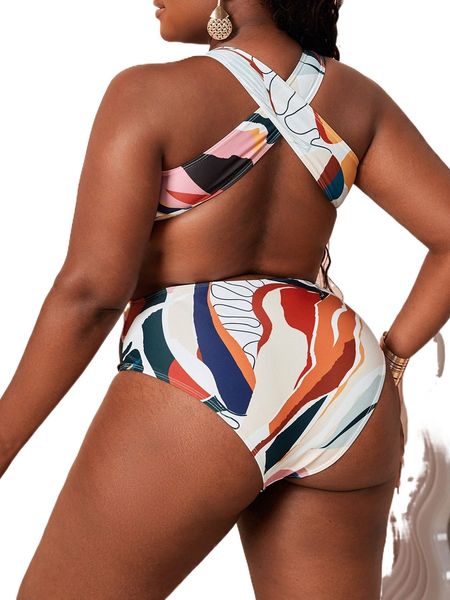 

plus allover print crisscross back one piece swimsuit 81hx#, White;black