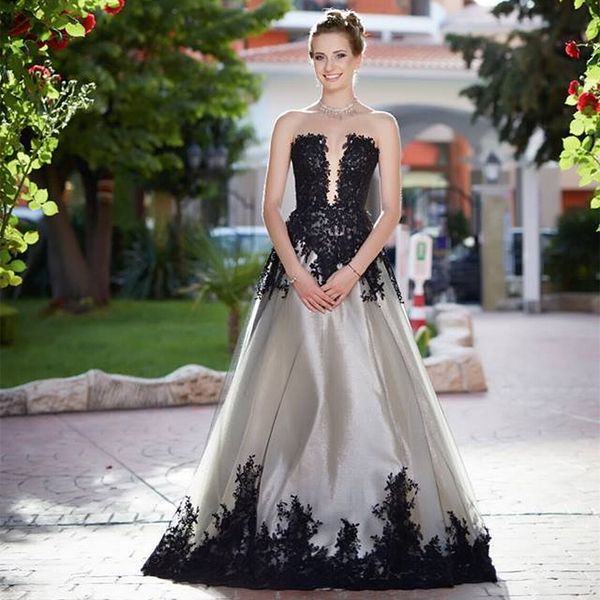 

vintage gothic a line wedding dress gray and black lace bridal gowns sleeveless long country wedding dresses retro robe de mariee 2022 vesti, White